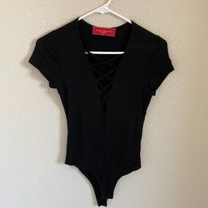 Akira bodysuit, strappy v neck, small, black
